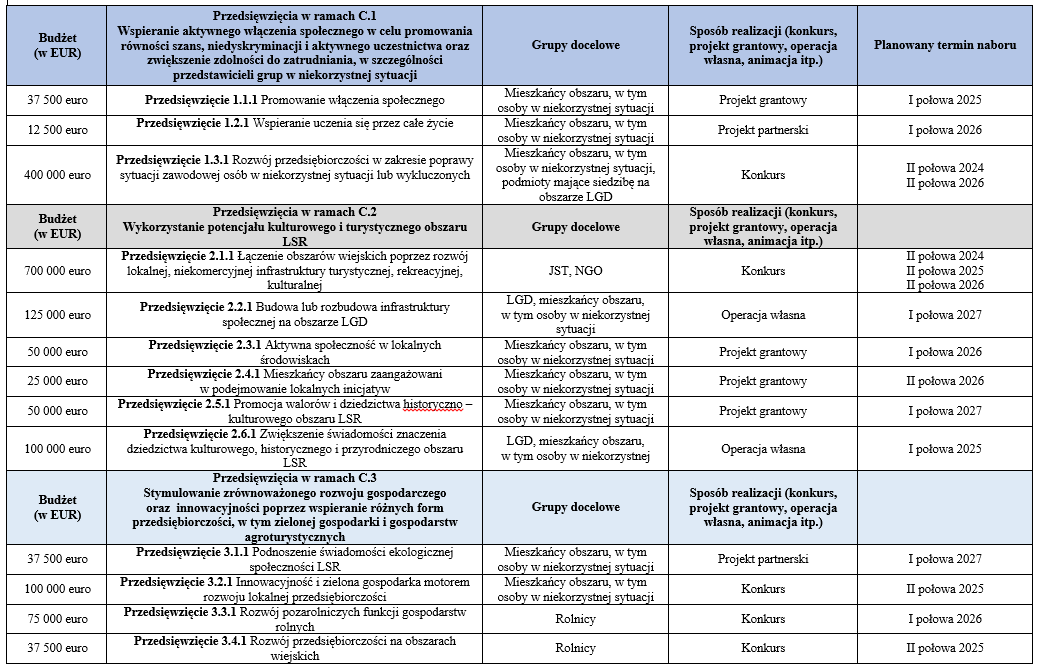 tabela cele i przedsiewziecis 2024 do kampanii informacyjnej LGD