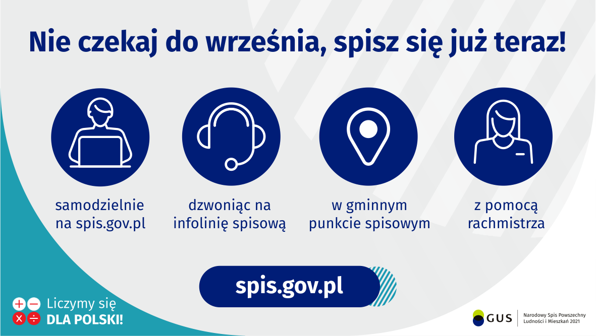 Grafika – Nie czekaj do września, spisz się już teraz! Na grafice jest napis: Nie czekaj do września, spisz się już teraz! Samodzielnie na spis.gov.pl, dzwoniąc na infolinię spisową, w gminnym punkcie spisowym, z pomocą rachmistrza. Na dole grafiki są cztery małe koła ze znakami dodawania, odejmowania, mnożenia i dzielenia, obok nich napis: Liczymy się dla Polski! Po środku jest adres strony internetowej: spis.gov.pl. W prawym dolnym rogu jest logotyp spisu: dwa nachodzące na siebie pionowo koła, GUS, pionowa kreska, Narodowy Spis Powszechny Ludności i Mieszkań 2021.